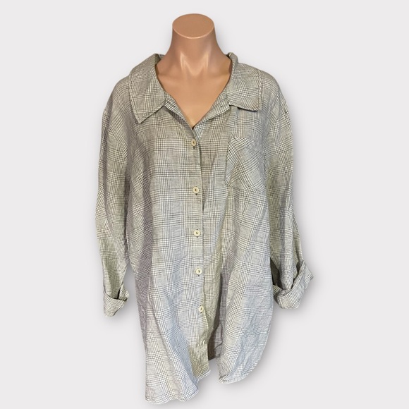 Flax Tops - Flax Women’s Large Linen Tan Plaid Print Button Down Long Sleeve Shirt